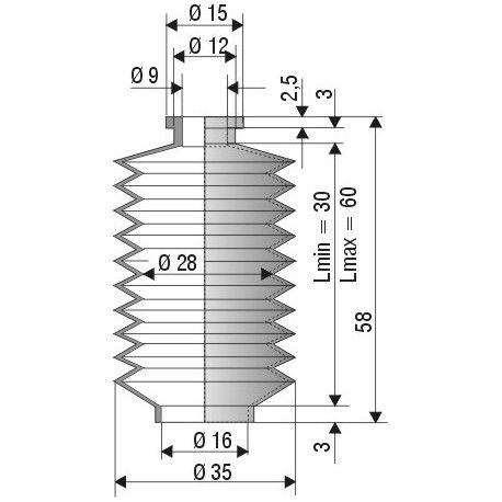 1130 NBR Soufflet D 9mm et 16mm Long 30 à 60mm