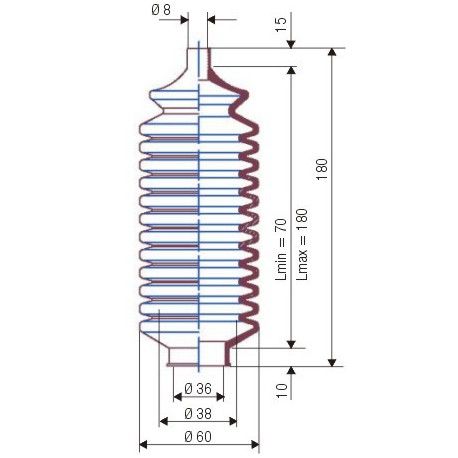 3043 NBR Soufflet D 8mm et D 36mm Lmin 70mm Lmax 180mm