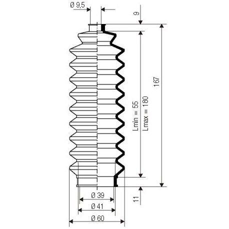 3035 NBR Soufflet D 9,5mm et D 39mm NBR Lmin 55 Lmax 180