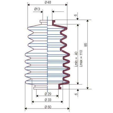 3040 NBR Soufflet D 13mm et D 29mm Lmin 40mm Lmax 110mm