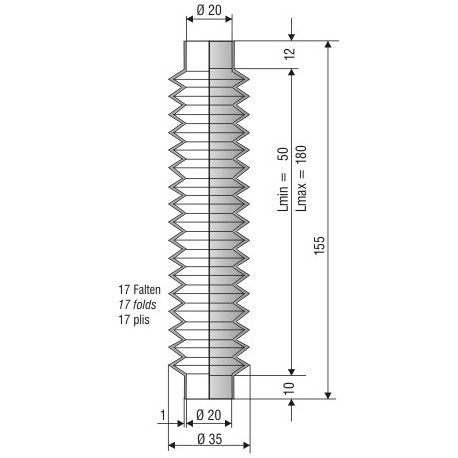 1242 NBR soufflet 20mm long 50 à 180 mm