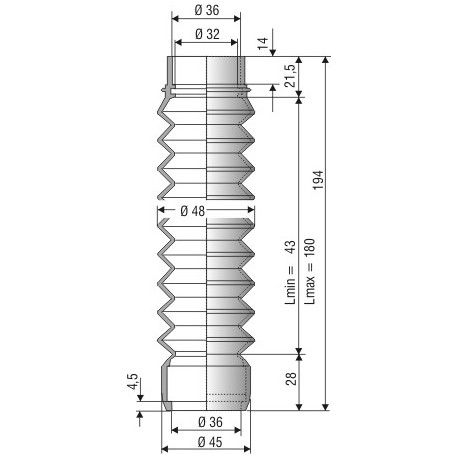 1057 NBR Soufflet D 32mm et 36 mm Long 43 à 180 mm