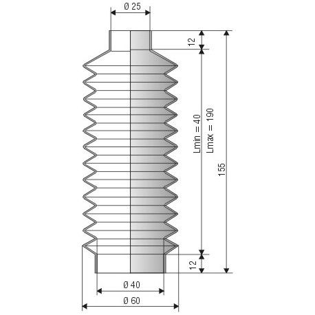 1250 NBR Soufflet D 25mm et 40mm NBR Lmin 40 Lmax 190