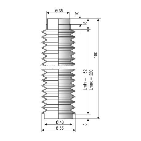 1020 NBR Soufflet D 35mm et 43mm Long 52 à 220mm