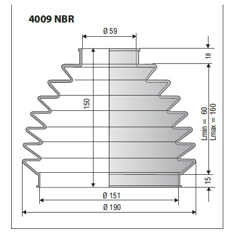 Soufflet D 59mm et D 151mm Lmin 60 Lmax 160 Ref 4009 NBR