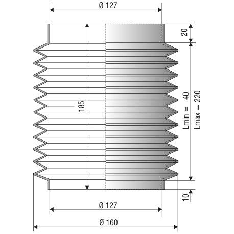 1204 NBR Soufflet D 127mm Long 40 à 220 mm