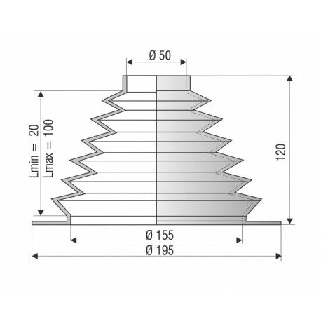 9010 NBR Soufflet D 50mm et 155mm Long 20 à 100mm