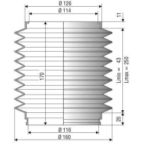 Soufflet de protection diamètre 116 mm Long 43 à 250mm ref 1068 NBR
