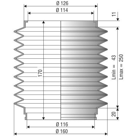 Soufflet de protection diamètre 116 mm Long 43 à 250mm ref 1068 NBR