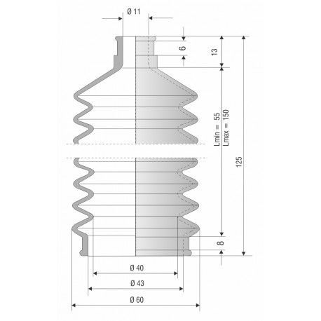 4051 NBR Soufflet de protection diamètre 12 et 43mm longueur 125