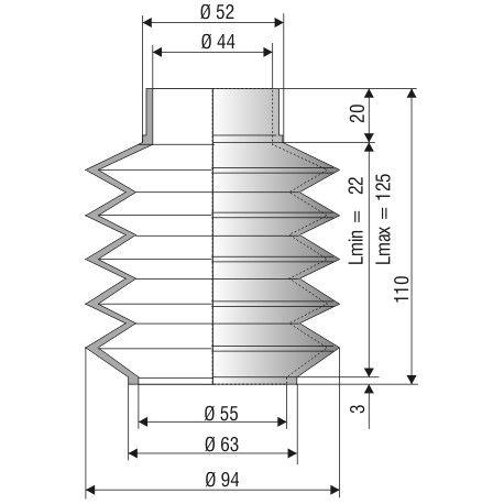 1078 NBR Soufflet D 44mm et 55mm Long 22 mm à 125 mm