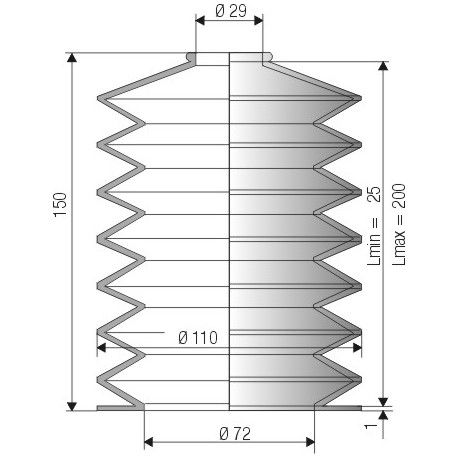 1095 NBR Soufflet D 29mm et 72mm Long 25 à 200 mm