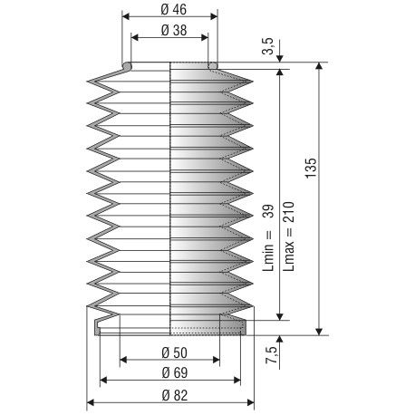 1176NBR Soufflet D 38 et 69mm Long 39 à 210mm