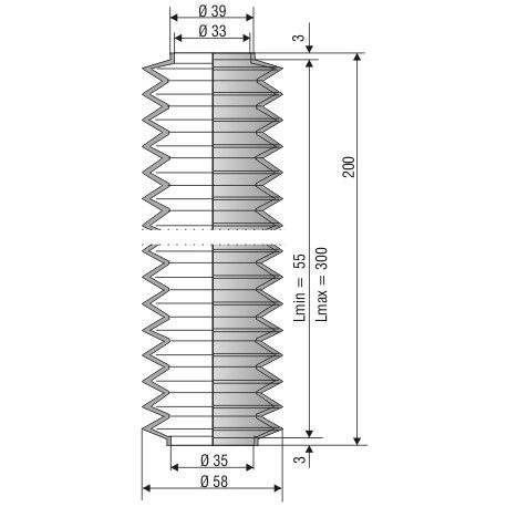 1206 NBR Soufflet D 33mm et D 35mm Lmin 55mm Lmax 300mm