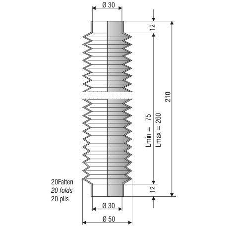 1238 NBR Soufflet D30mm Long 75 à 260mm