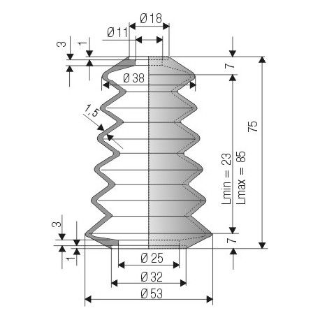 1504 NBR Soufflet D 11mm et 25mm Long 23 à 85mm