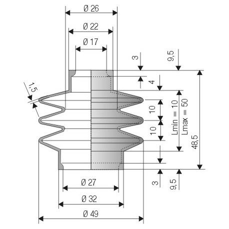 1505 NBR Soufflet D 17mm et 27mm Long 10 à 50mm