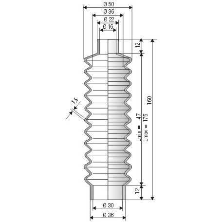 1507 NBR Soufflet D16mm et 30mm Long 47 à 175mm