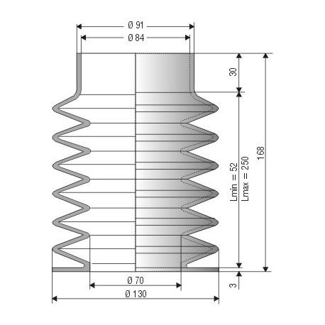 1528 NBR Soufflet D 70mm et 84mm Long 52 à 250mm