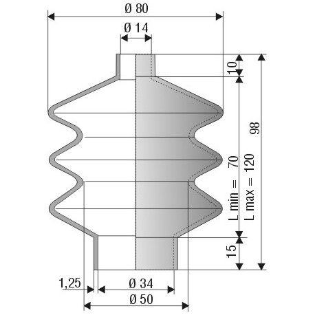 2007 NBR Soufflet D 14mm et 34mm Long 70 à 120 mm