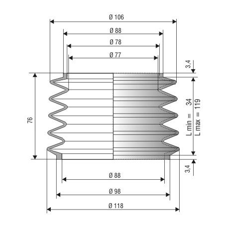 2012 NBR Soufflet D 77mm et 88mm Long 34 à 119 mm