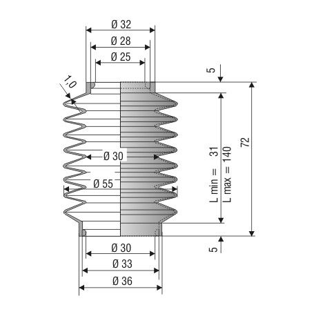 2048 NBR Soufflet D 25mm et 30mm Long 31 à 140 mm