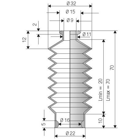 2066 NBR Soufflet D 9mm et 16mm Long 20 à 70mm