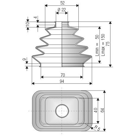 2106 SI Soufflet silicone diamètre 22 et 70 mm basse rectangle Long 50 à 150mm