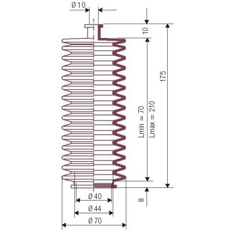 3018 NBR Soufflet D 10mm et D 44mm Lmin 70mm Lmax 210mm