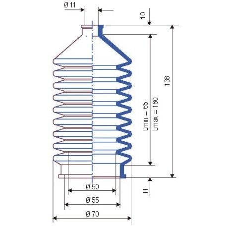 3020 NBR Soufflet D 11mm et 55mm Long 65 à 160mm