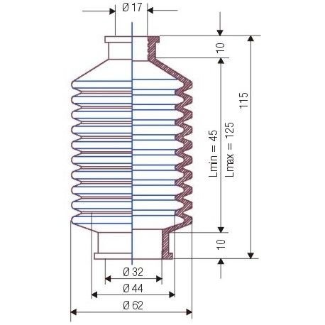 3044 NBR Soufflet D 17mm et 32mm Long 45 à 125mm