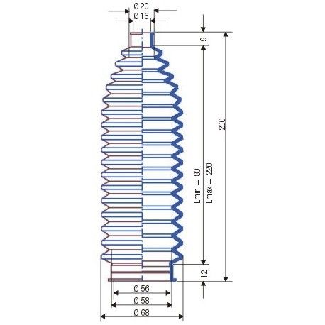 3056 NBR Soufflet D16mm et 56mm Long 80 à 220mm