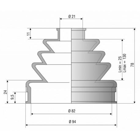 4046 NBR Soufflet D 21mm et 82mm Long 25 à 130 mm