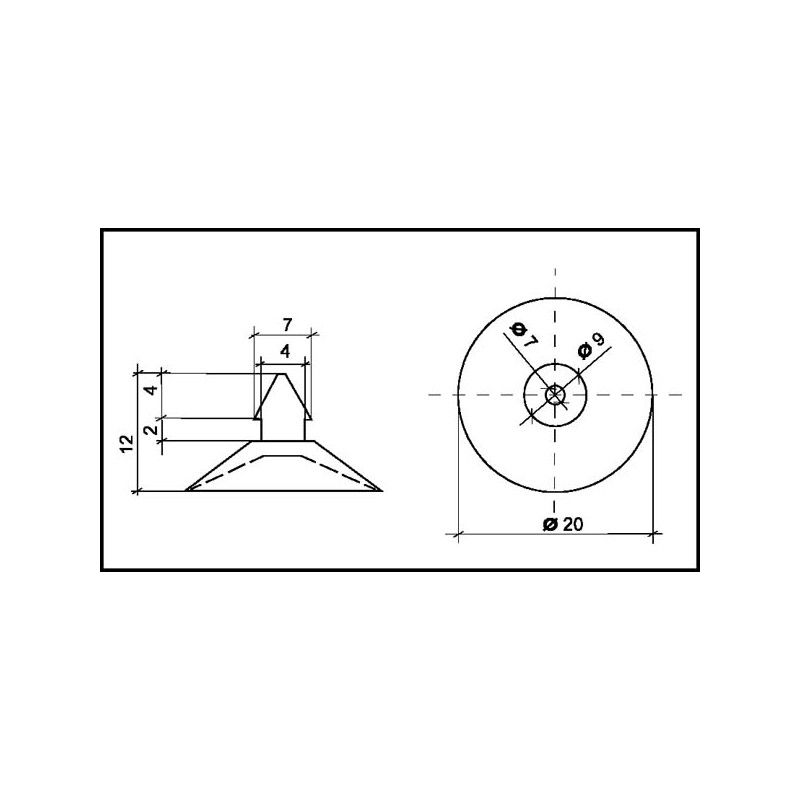 Ventouse de diamètre 20 mm avec téton pointe pour plaque en verre